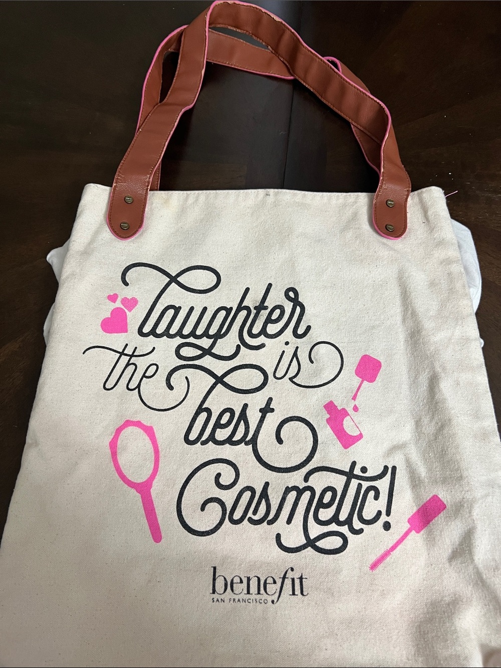 Benefit Cream Canvas Tote with Pink Accents and Brown Handles